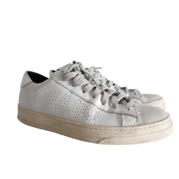 P448 John White Leather Grey Pony Hair Silver Metallic Low Top Sneakers